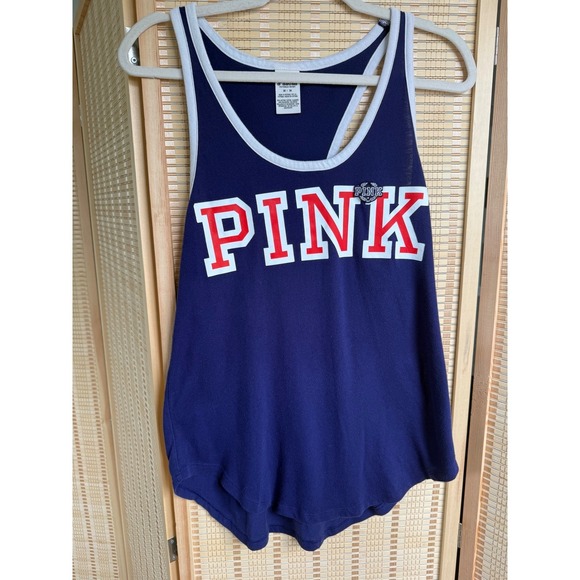 PINK Victoria's Secret Tops - Victorias Secret PINK Womens Navy Blue Racerback Logo Tank Top Size Medium